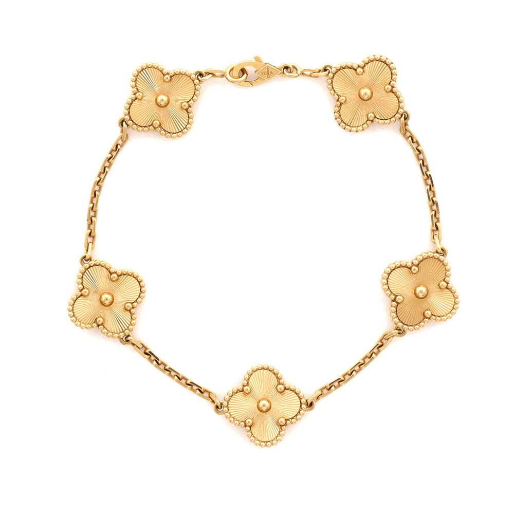 Van Cleef & Arpels Vintage Alhambra 5 Motifs Bracelet Guilloche 18K Yellow Gold
